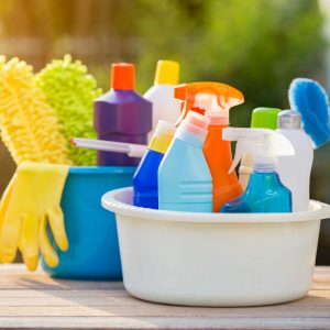basket of cleaning supplies